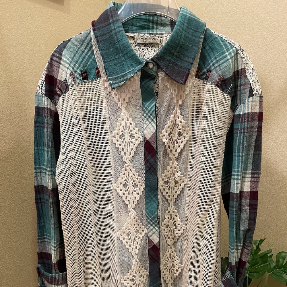 BKE Long Sleeve Plaid Button Up with See Through Lace Perfect for Layering